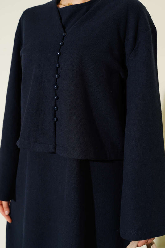 Front Mini Buttoned Dress Two-Piece Set Navy Blue