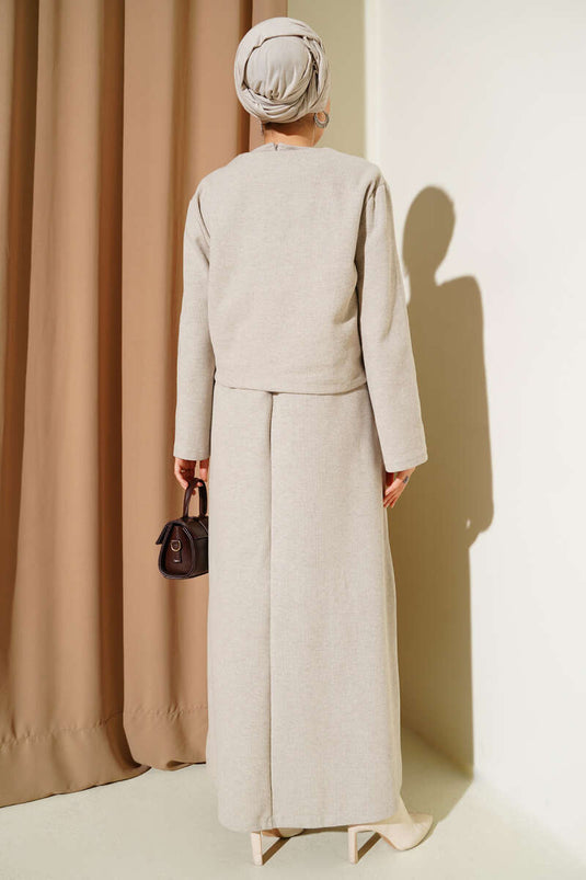 Önü Mini Düğmeli Elbise İkili Takım Taş