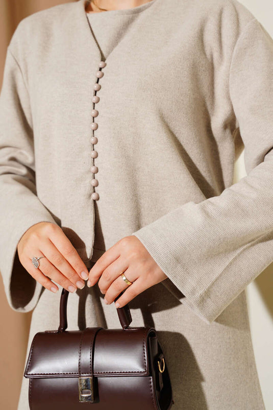 Önü Mini Düğmeli Elbise İkili Takım Taş