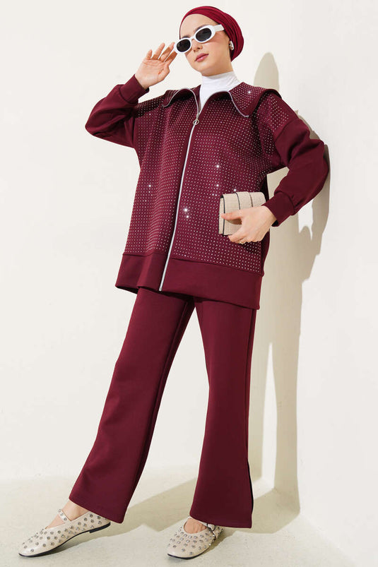 بدلة غوص من قطعتين مع أحجار صغيرة في المقدمة، لون عنابي