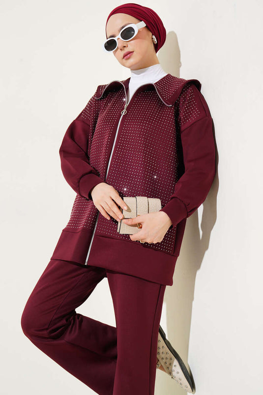 بدلة غوص من قطعتين مع أحجار صغيرة في المقدمة، لون عنابي