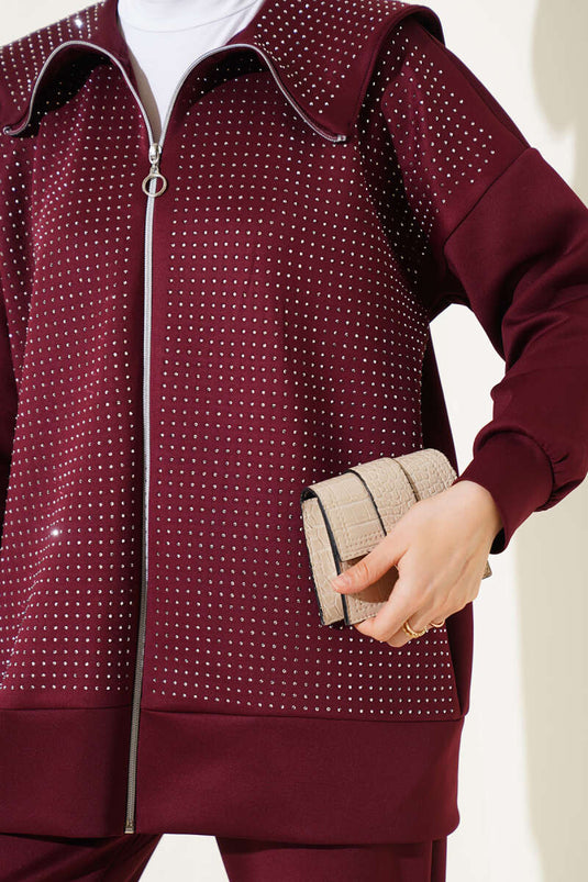 بدلة غوص من قطعتين مع أحجار صغيرة في المقدمة، لون عنابي