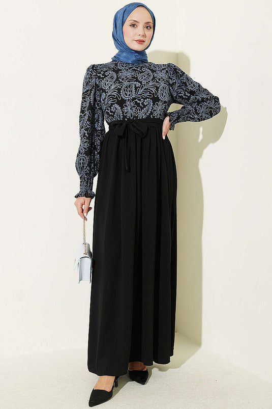 Indigo Besticktes Kleid Mit Spitzenmanschetten