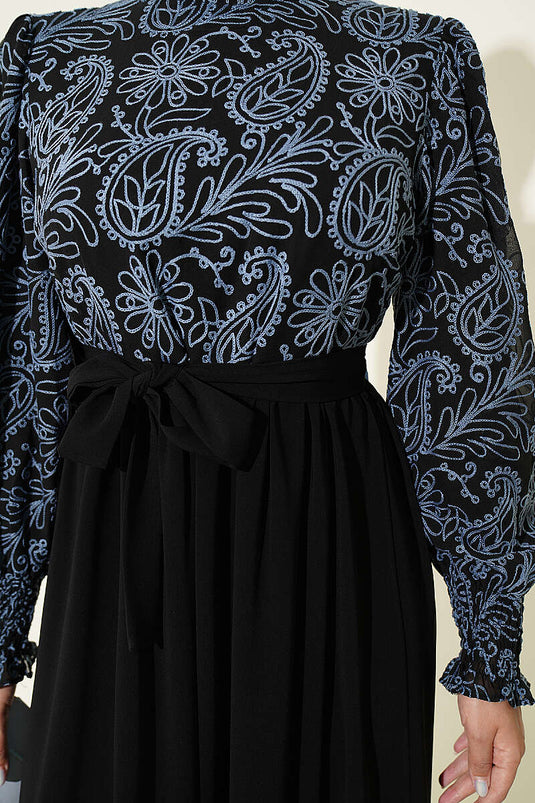 Indigo Besticktes Kleid Mit Spitzenmanschetten