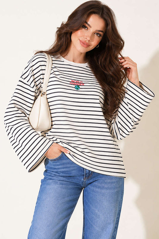 Önü Nakış Detaylı Çizgili Sweatshirt Siyah