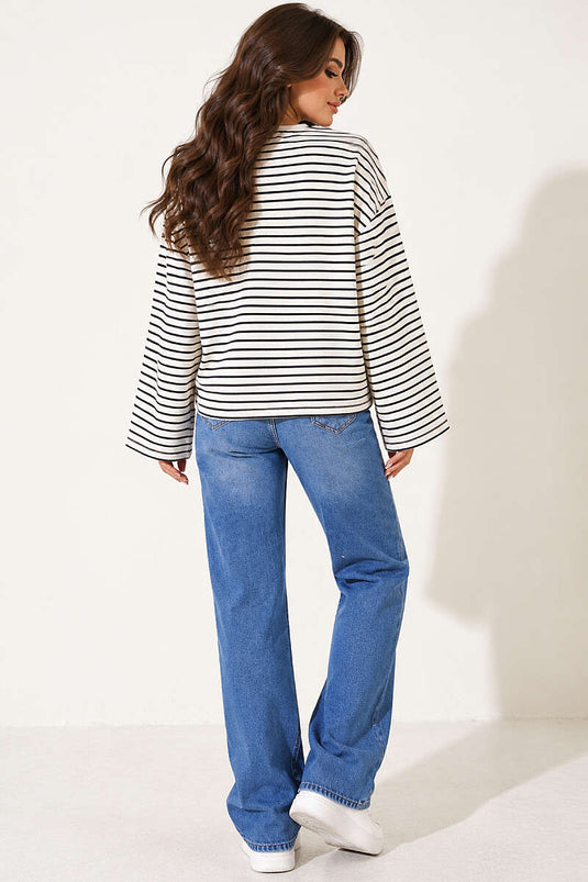 Önü Nakış Detaylı Çizgili Sweatshirt Siyah