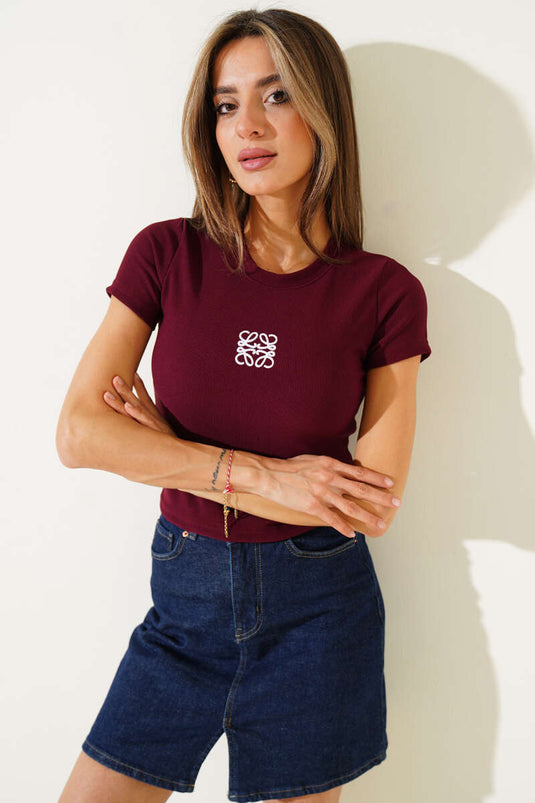 Front Embroidered Short Sleeve Camisole Crop Burgundy