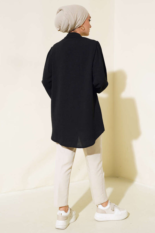 Embroidered Front Gathered Sleeve Tunic Black