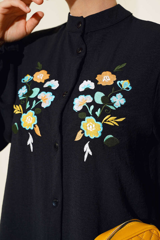 Embroidered Front Gathered Sleeve Tunic Black