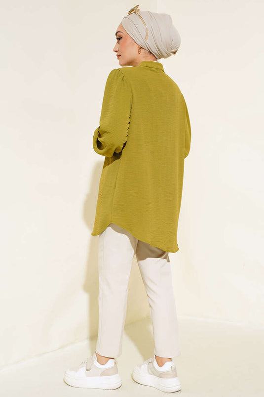 Embroidered Front Gathered Sleeve Tunic Olive Green