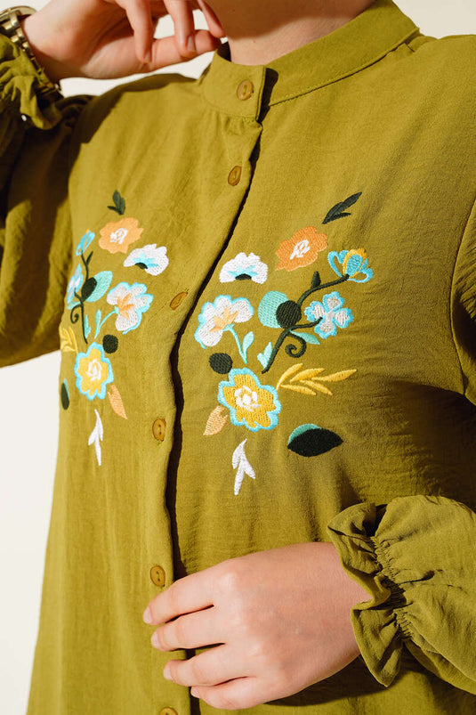 Embroidered Front Gathered Sleeve Tunic Olive Green