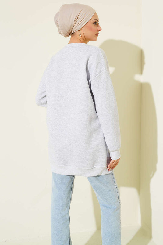 Önü Nakışlı Üç İplik Tunik Gri