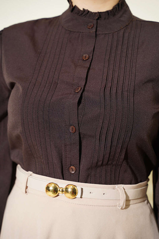 Camisa Corta Con Pliegues En Café