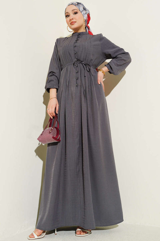 Önü geripptes Brit-Knopfkleid in Rauchgrau