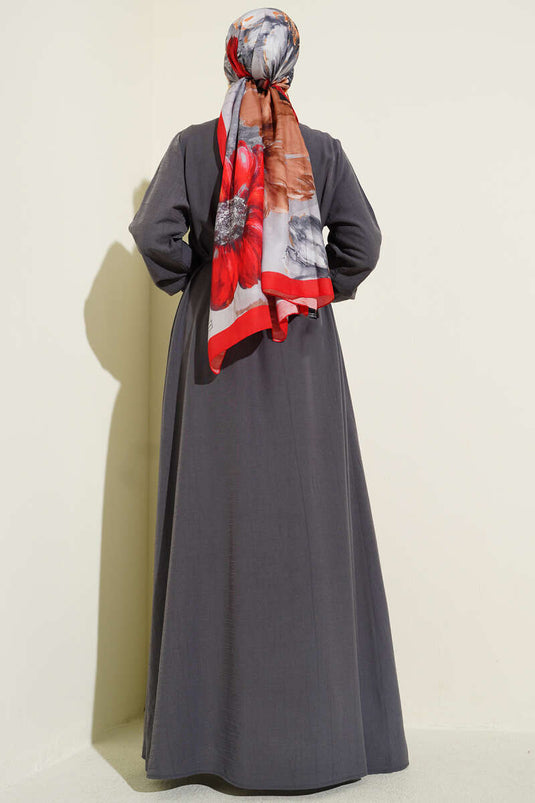 Önü geripptes Brit-Knopfkleid in Rauchgrau