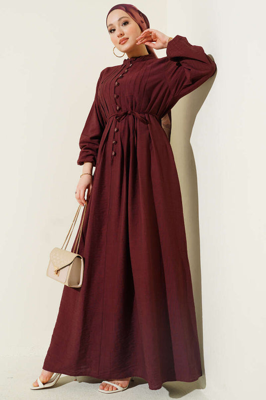 Front Ribbed Brit Buttoned Dress Brown