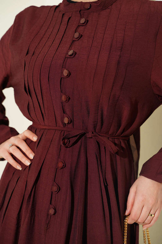 Front Ribbed Brit Buttoned Dress Brown
