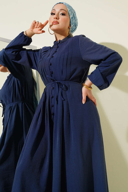 Robe boutonnée en tissu côtelé devant, bleu marine