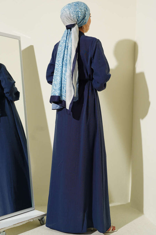 Robe boutonnée en tissu côtelé devant, bleu marine