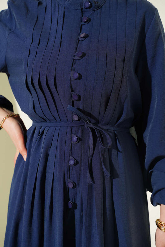 Robe boutonnée en tissu côtelé devant, bleu marine