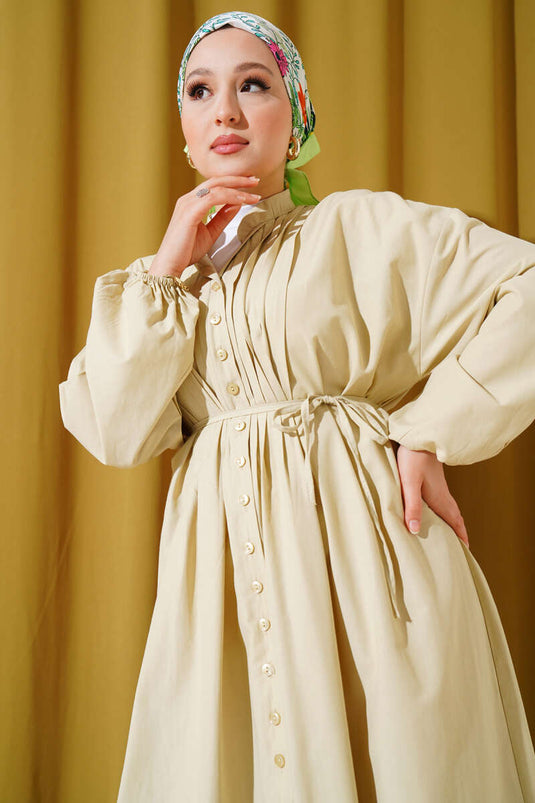 Front Ribbed Rope Belted Dress Beige