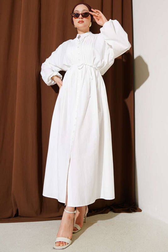 Önü Nervürlü İp Kuşaklı Elbise Beyaz