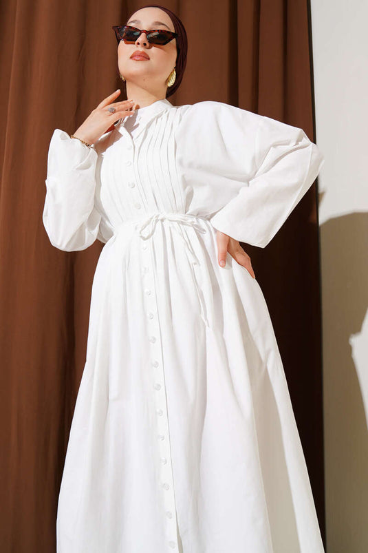 Önü Nervürlü İp Kuşaklı Elbise Beyaz