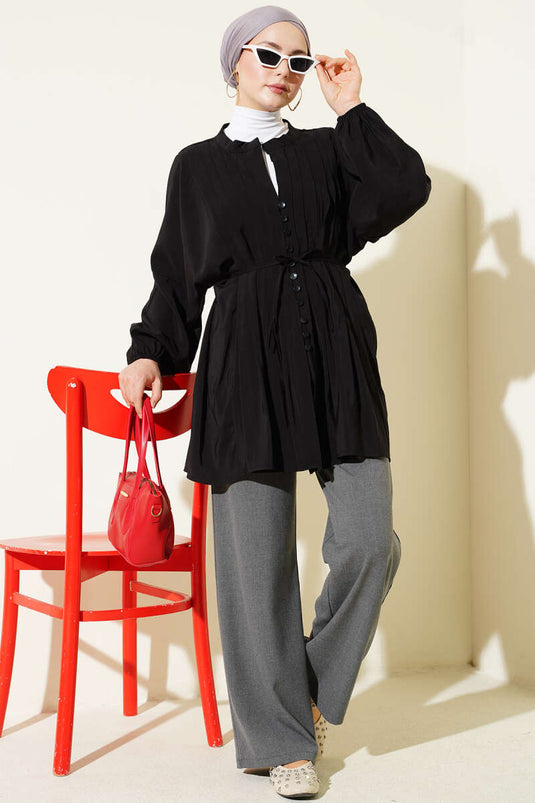 Front Ribbed Loose Tencel Shirt Black