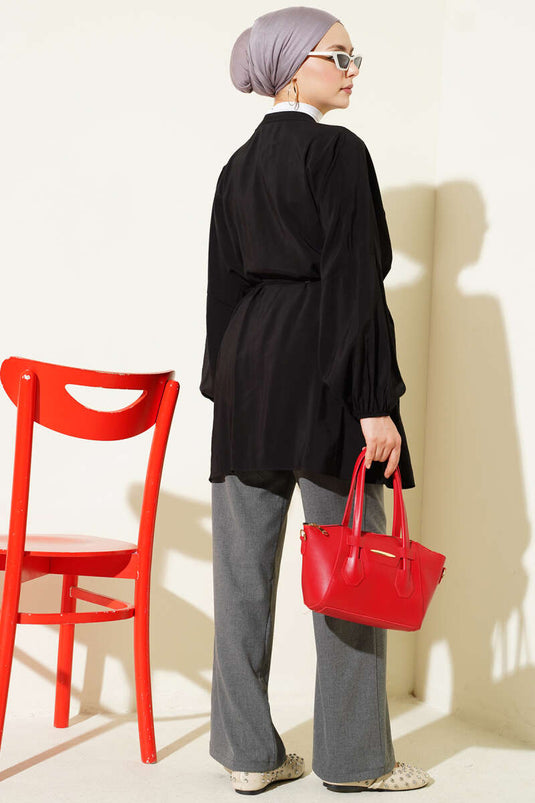 Front Ribbed Loose Tencel Shirt Black