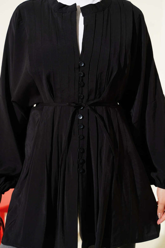 Front Ribbed Loose Tencel Shirt Black