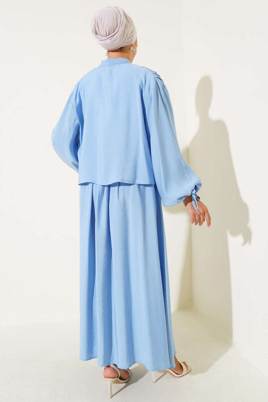 Front Pleated Brit Buttoned Skirt Suit Blue