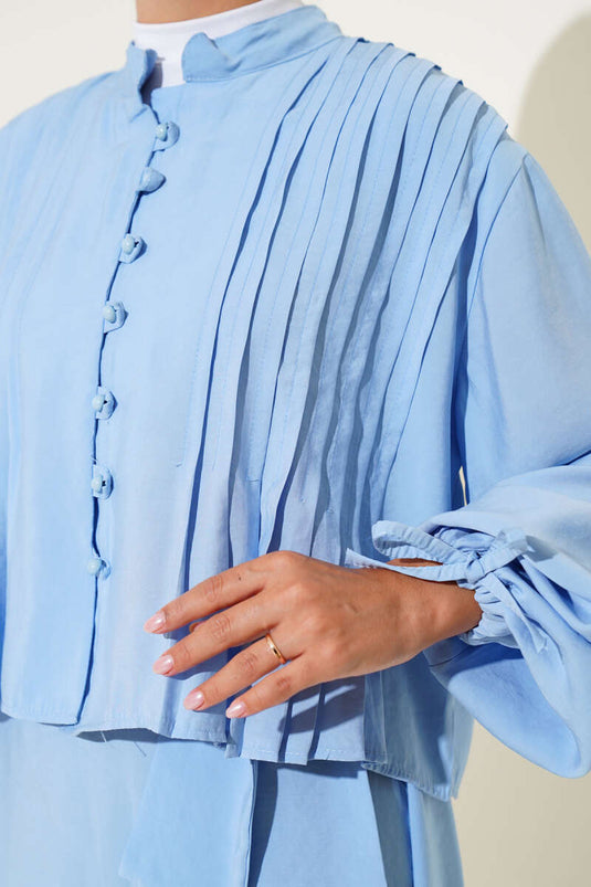 Front Pleated Brit Buttoned Skirt Suit Blue