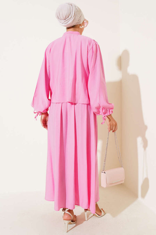 Pink Ribbed Brit Buttoned Skirt Suit
