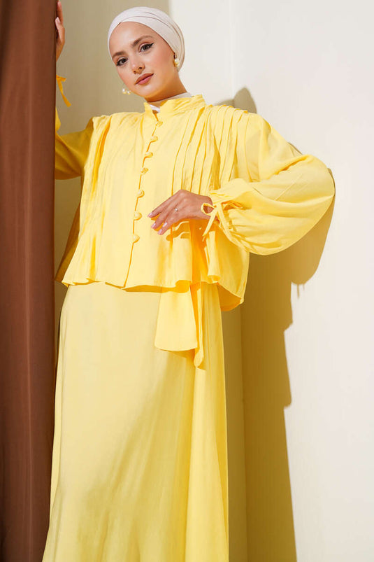 Yellow Ribbed Brit Buttoned Skirt Suit