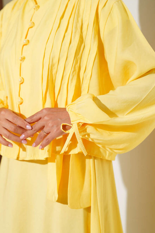 Yellow Ribbed Brit Buttoned Skirt Suit