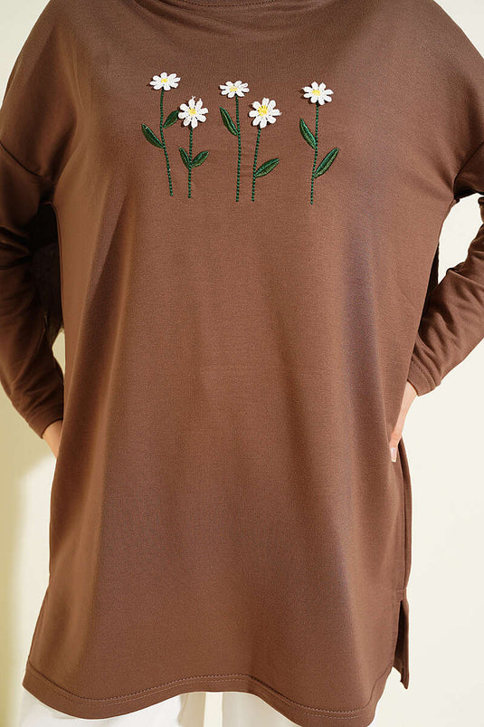 Önü Papatya Nakışlı Tunik Latte