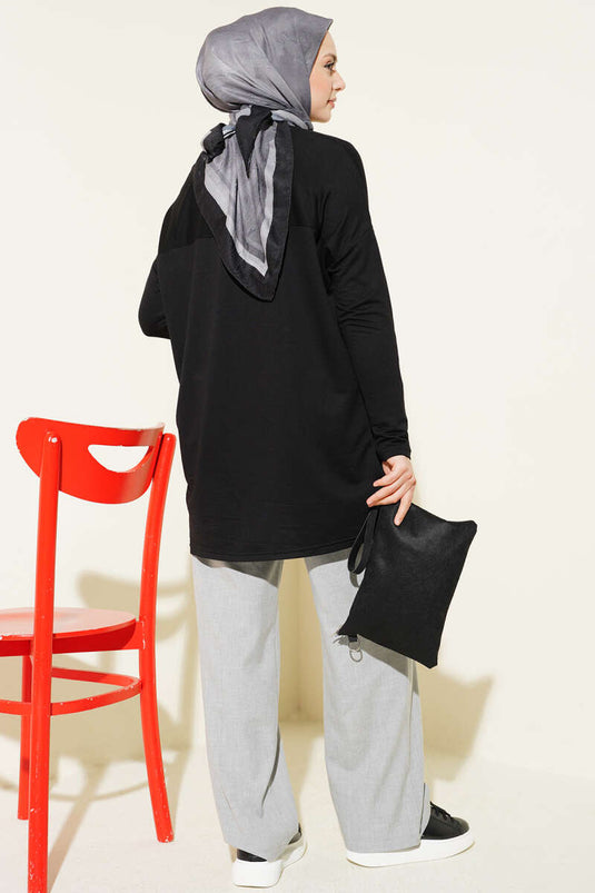 Front Daisy Embroidered Tunic Black