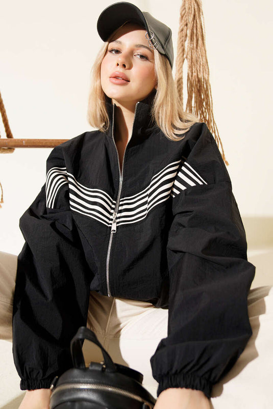 Önü Parça Çizgili Ceket Siyah