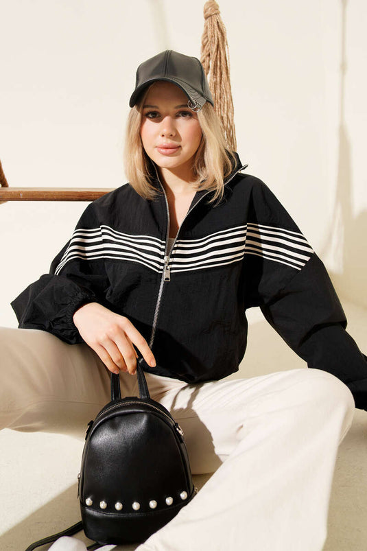 Önü Parça Çizgili Ceket Siyah