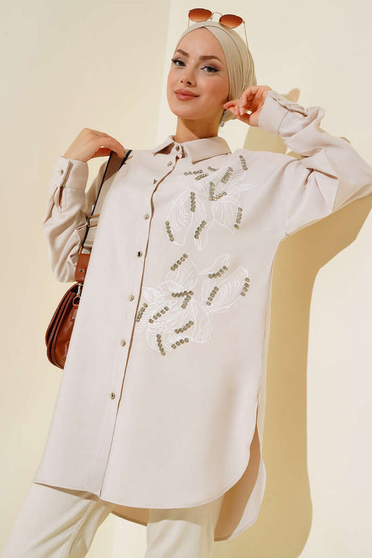 Shirt with Bright Stone Details Beige