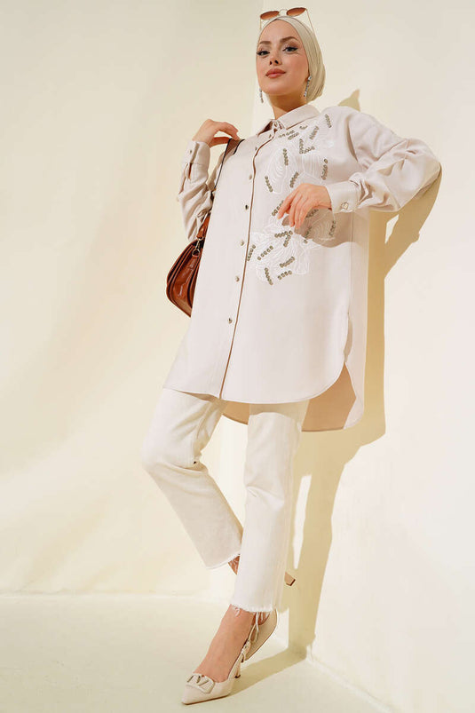 Shirt with Bright Stone Details Beige
