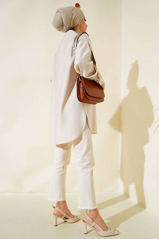 Hemd mit glänzendem Steindetail auf der Vorderseite, Beige