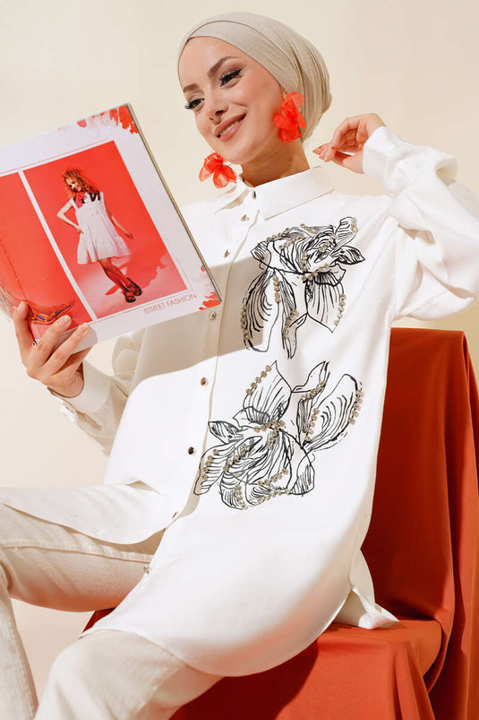 Shirt with Bright Stone Details Ecru