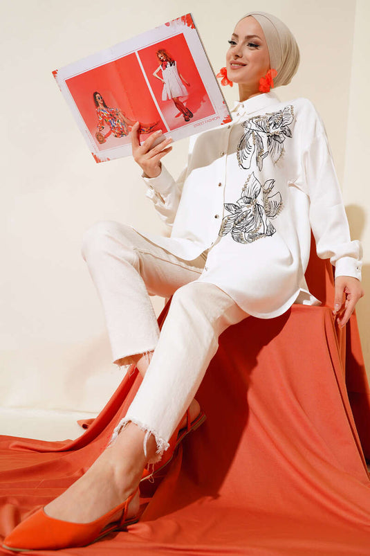 Shirt with Bright Stone Details Ecru