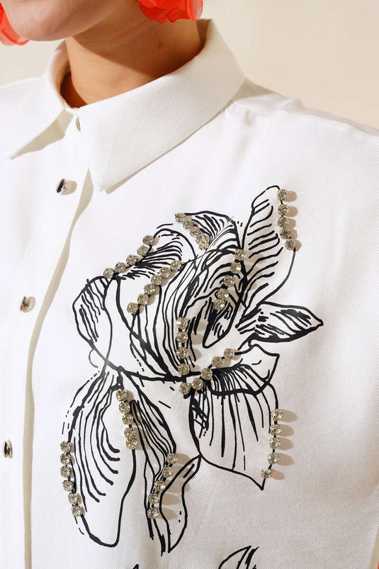 Shirt with Bright Stone Details Ecru