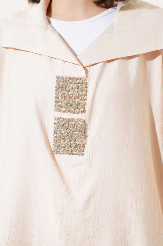 Önü Parlak Taşlı Oversize Tunik Bej