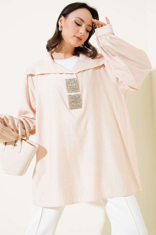 Önü Parlak Taşlı Oversize Tunik Bej