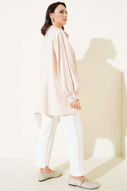 Önü Parlak Taşlı Oversize Tunik Bej