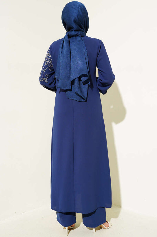 Önü Parlak Taşlı Uzun Tunik Büyük Beden İkili Takım Lacivert