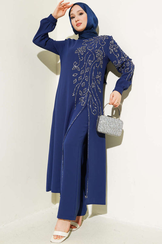 سترة طويلة مزينة بأحجار لامعة في الأمام، بدلة كبيرة الحجم من قطعتين، أزرق داكن